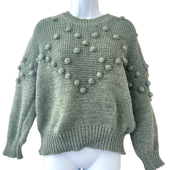 Chicwish Pom-Pom Textured Trim Chunky Knit Sweater in Sage Green Size S/M - Picture 2 of 10